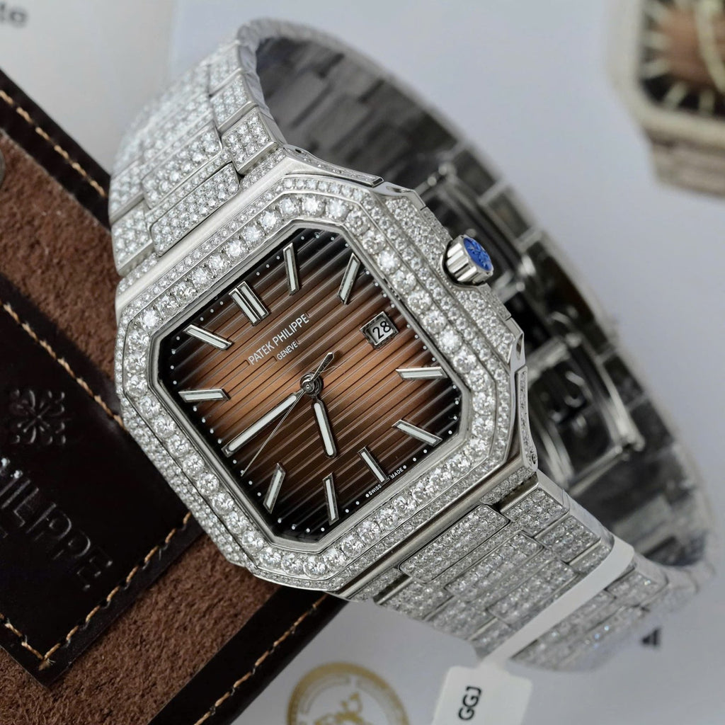 Patek Philippe Cubitus 5821 Dial Brown Watch Full Diamonds Moissanite 45mm