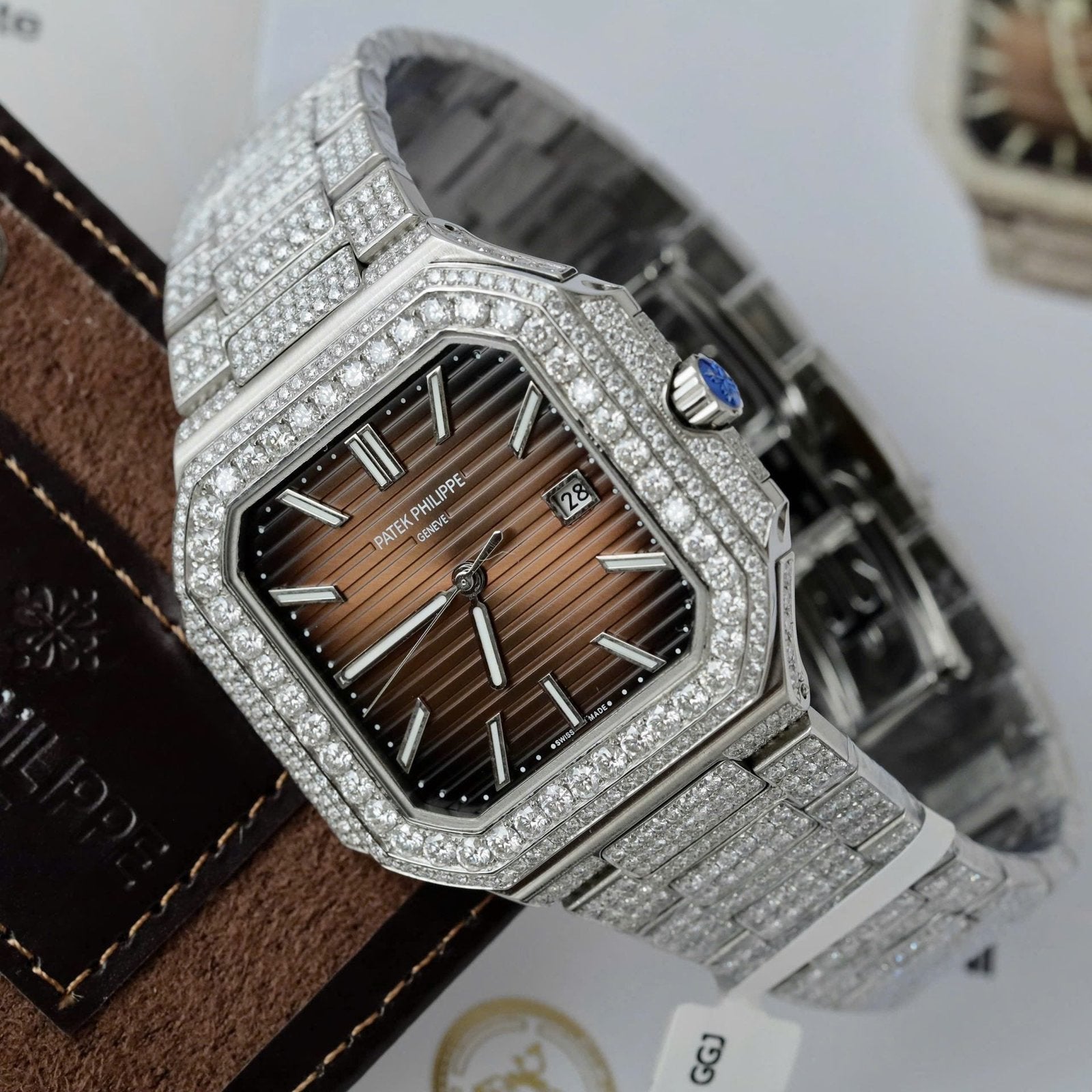 Patek Philippe Cubitus 5821 Dial Brown Watch Full Diamonds Moissanite 45mm