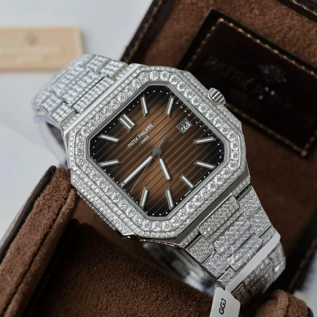 Patek Philippe Cubitus 5821 Dial Brown Watch Full Diamonds Moissanite 45mm