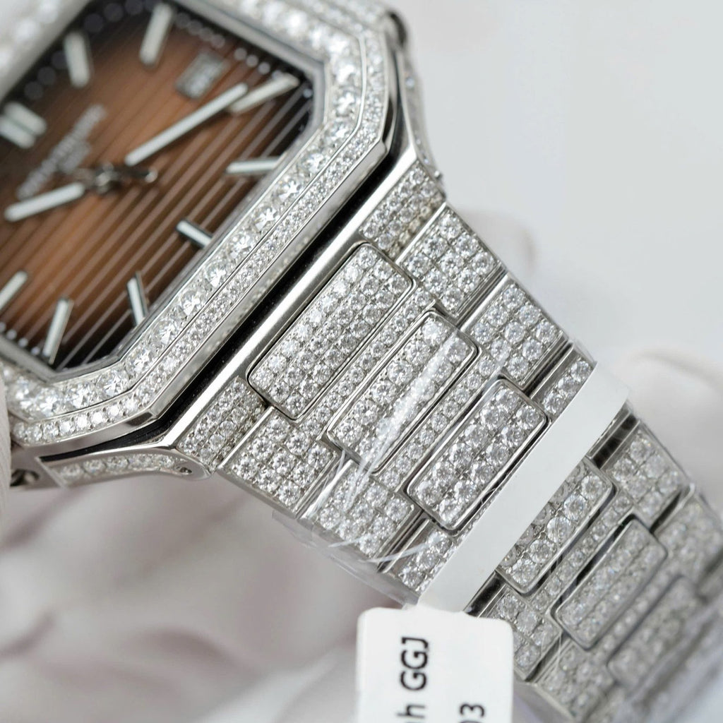 Patek Philippe Cubitus 5821 Dial Brown Watch Full Diamonds Moissanite 45mm