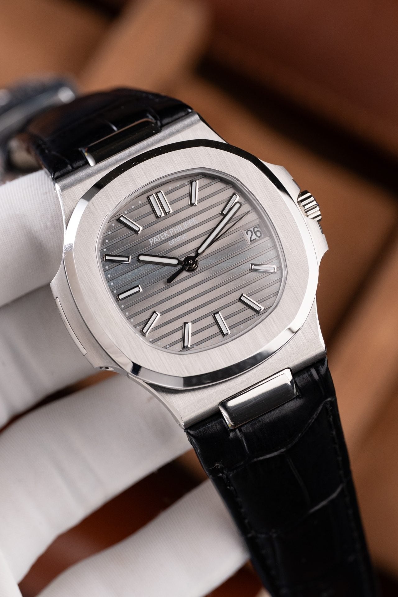 Patek Philippe Nautilus 5711 Watch Gray Dial Leather Strap 40mm