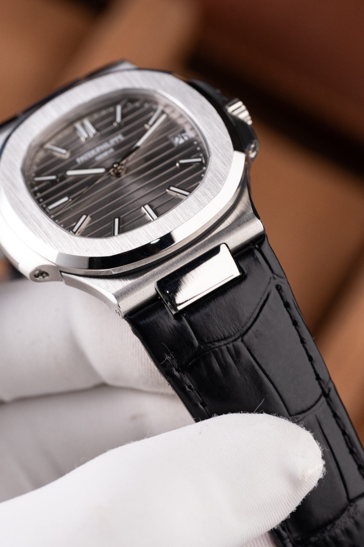 Patek Philippe Nautilus 5711 Watch Gray Dial Leather Strap 40mm