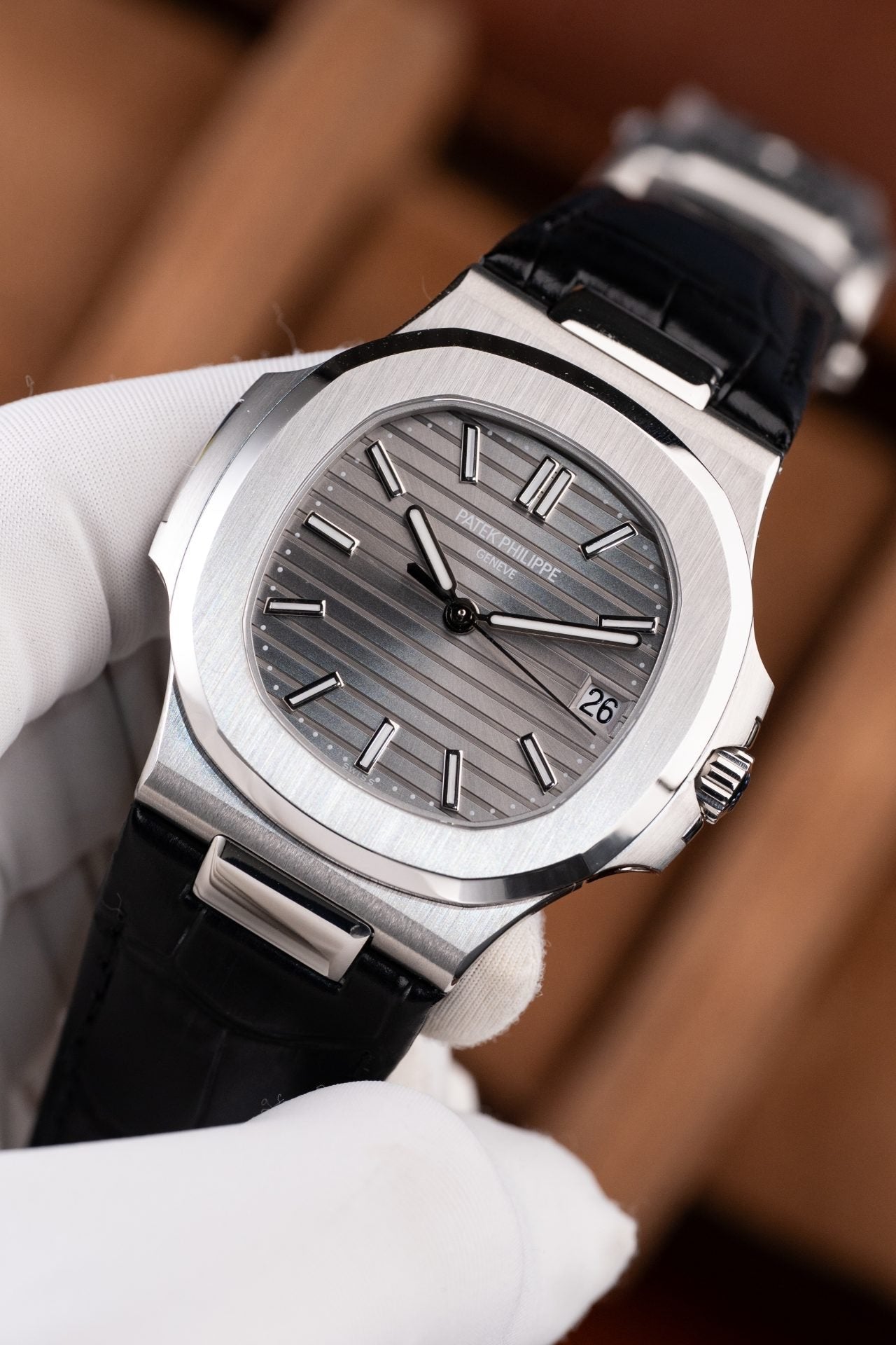 Patek Philippe Nautilus 5711 Watch Gray Dial Leather Strap 40mm