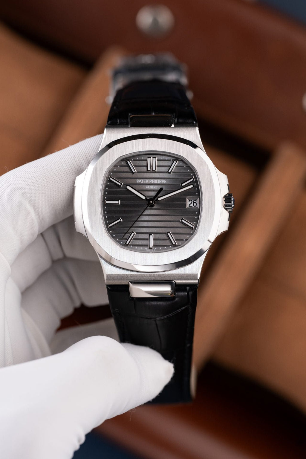 Patek Philippe Nautilus 5711 Watch Gray Dial Leather Strap 40mm