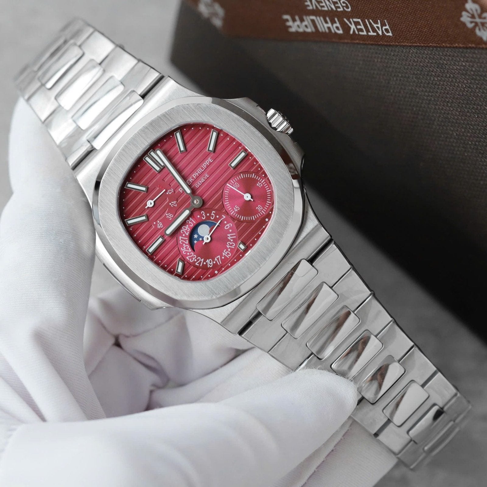 Patek Philippe Nautilus 5712 Watch Cherry Dial Metal Strap 40mm