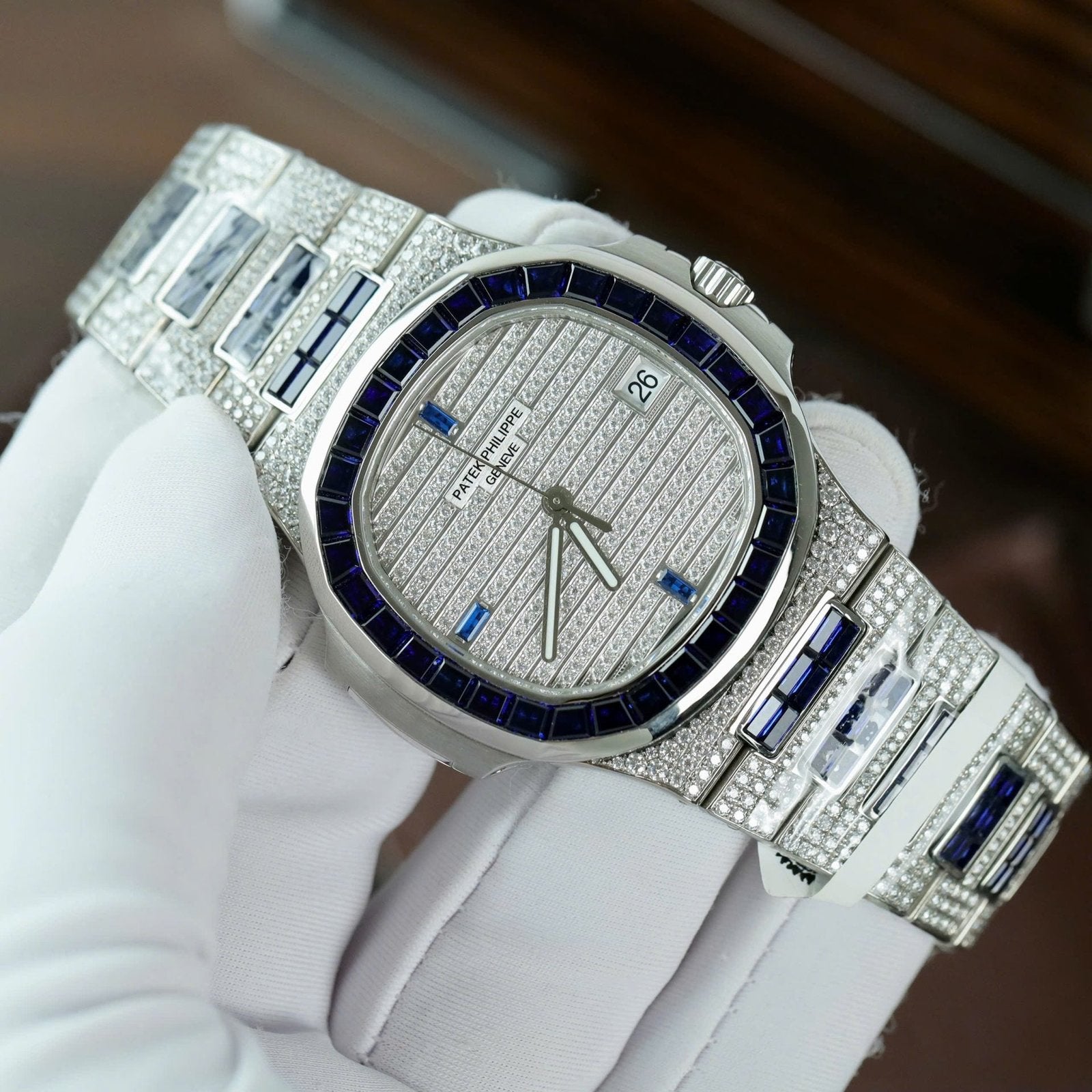 Patek Philippe Nautilus 5719 Watch Diamonds Moissanite Sapphire Baguette 40mm