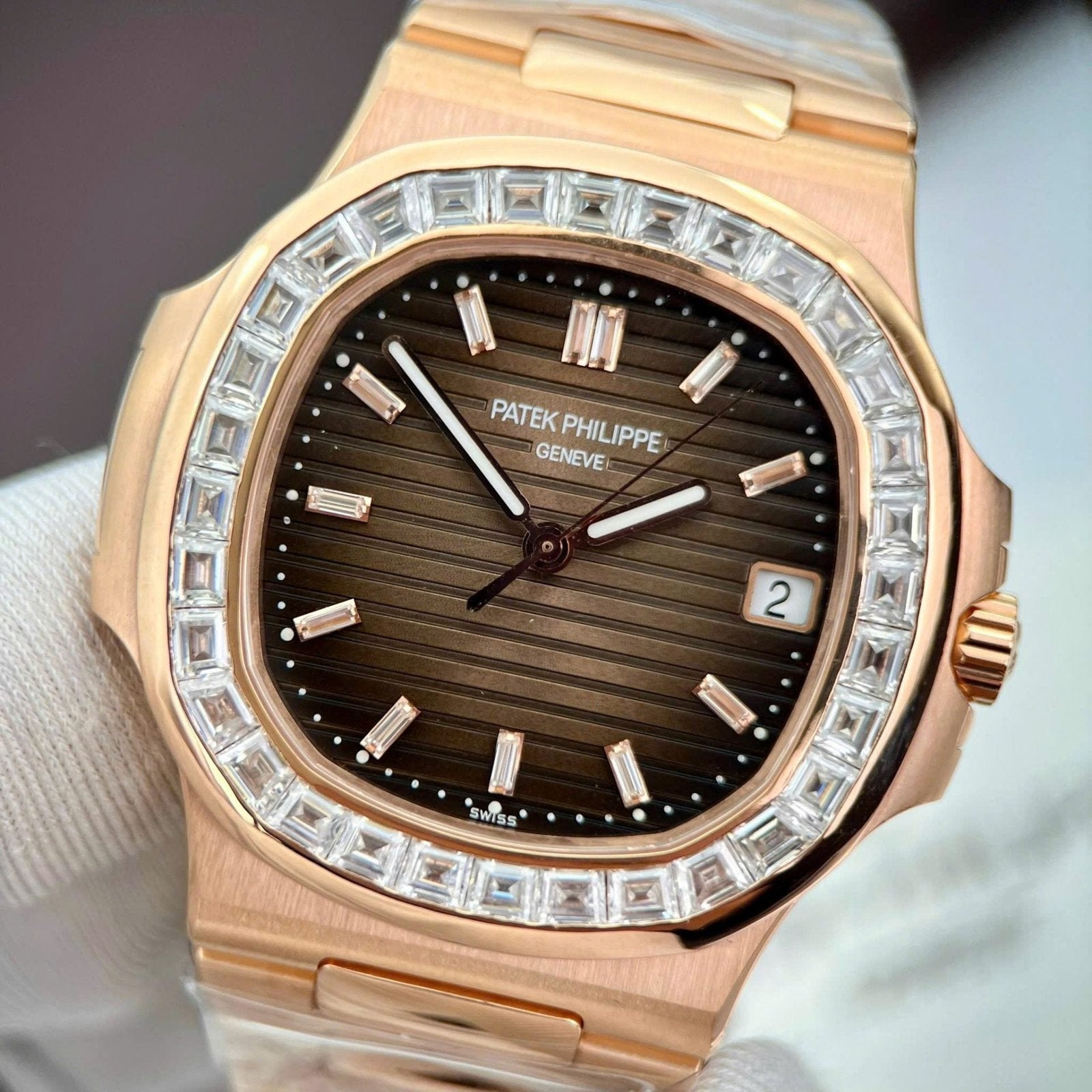 Patek Philippe Nautilus 5723 Brown Dial Watches 18K Gold Wrapped + Moissanite Diamonds Baguette 40mm