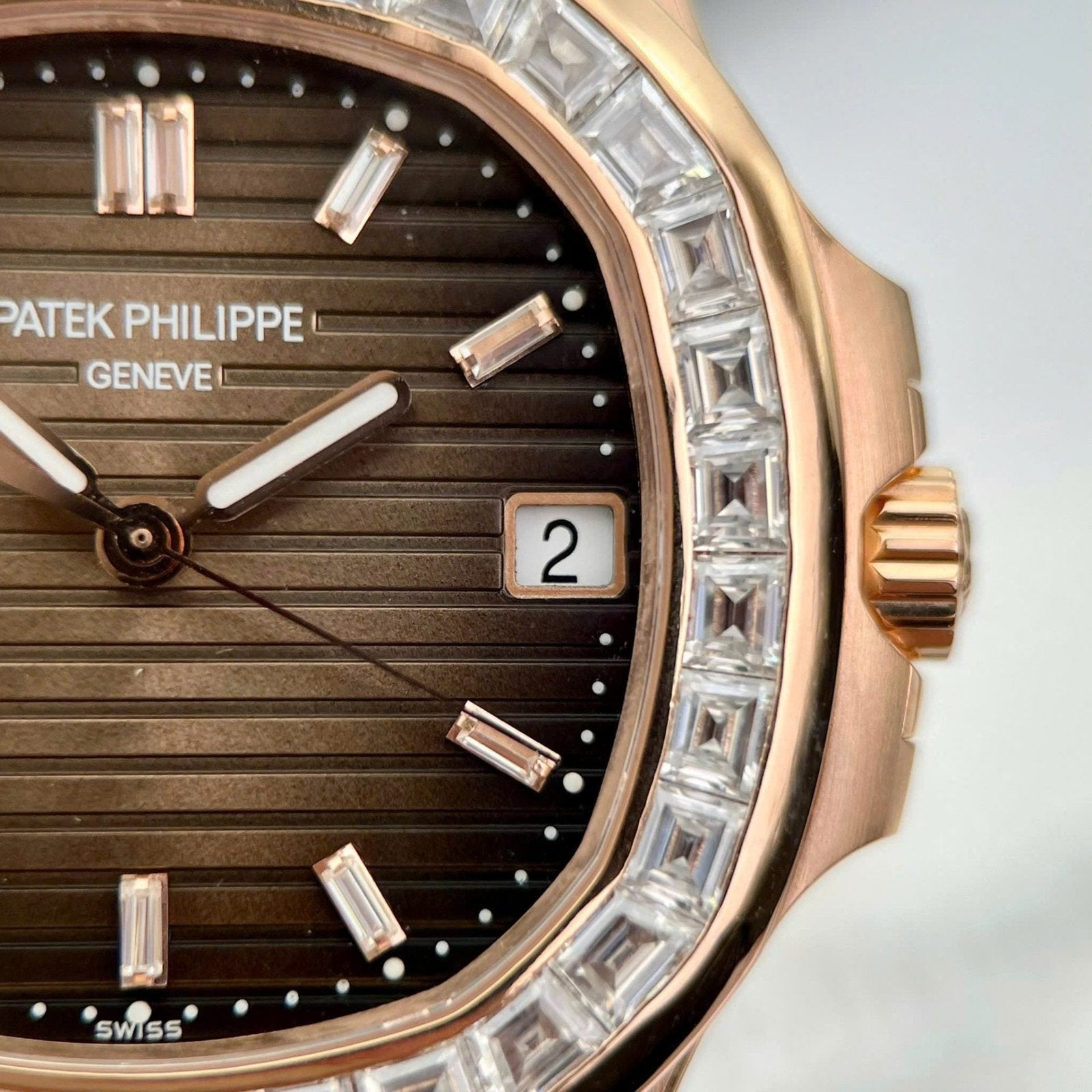 Patek Philippe Nautilus 5723 Brown Dial Watch 18K Gold Wrapped + Moissanite Diamonds Baguette 40mm