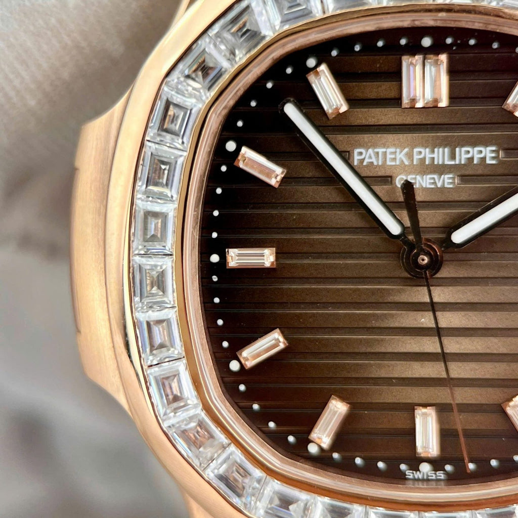 Patek Philippe Nautilus 5723 Brown Dial Watch 18K Gold Wrapped + Moissanite Diamonds Baguette 40mm