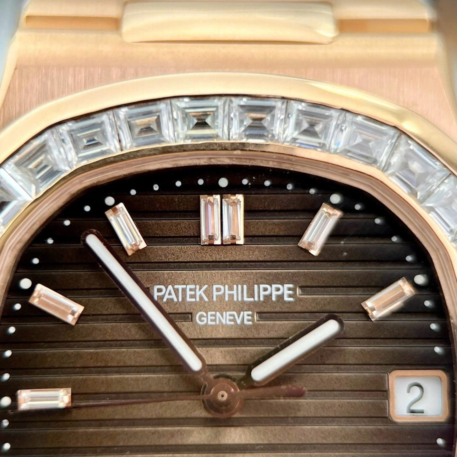 Patek Philippe Nautilus 5723 Brown Dial Watch 18K Gold Wrapped + Moissanite Diamonds Baguette 40mm