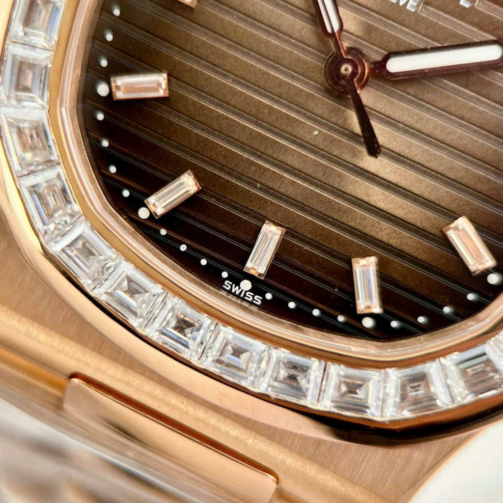 Patek Philippe Nautilus 5723 Brown Dial Watch 18K Gold Wrapped + Moissanite Diamonds Baguette 40mm