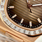 Patek Philippe Nautilus 5723 Brown Dial Watch 18K Gold Wrapped + Moissanite Diamonds Baguette 40mm