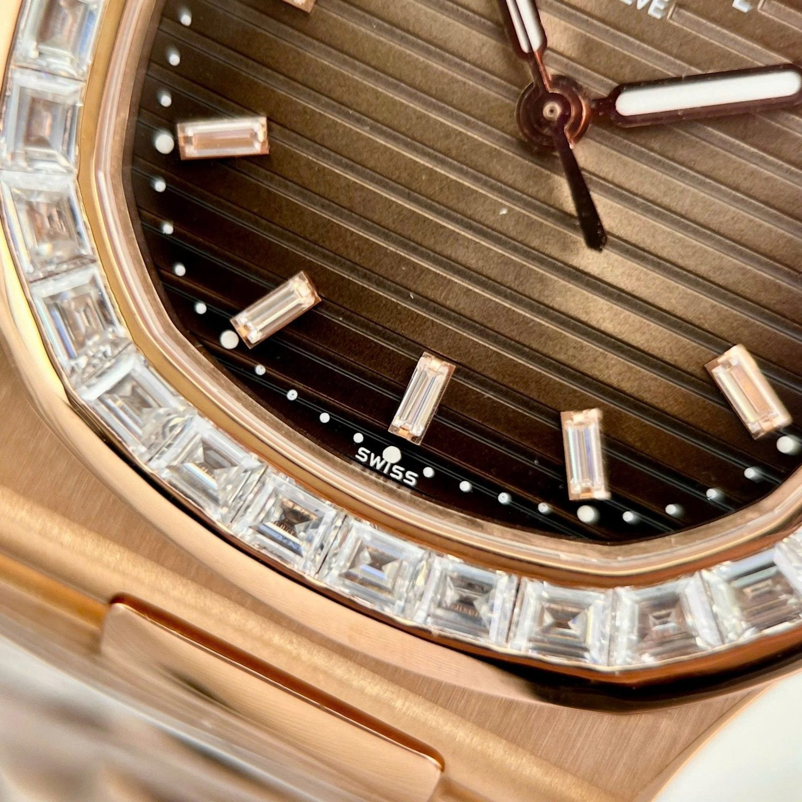 Patek Philippe Nautilus 5723 Brown Dial Watch 18K Gold Wrapped + Moissanite Diamonds Baguette 40mm