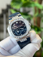 Patek Philippe Watch Nautilus 5724 Moissanite Diamonds Leather Strap 40mm