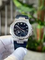 Patek Philippe Watch Nautilus 5724 Moissanite Diamonds Leather Strap 40mm
