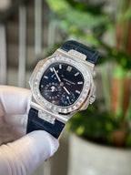 Patek Philippe Watch Nautilus 5724 Moissanite Diamonds Leather Strap 40mm