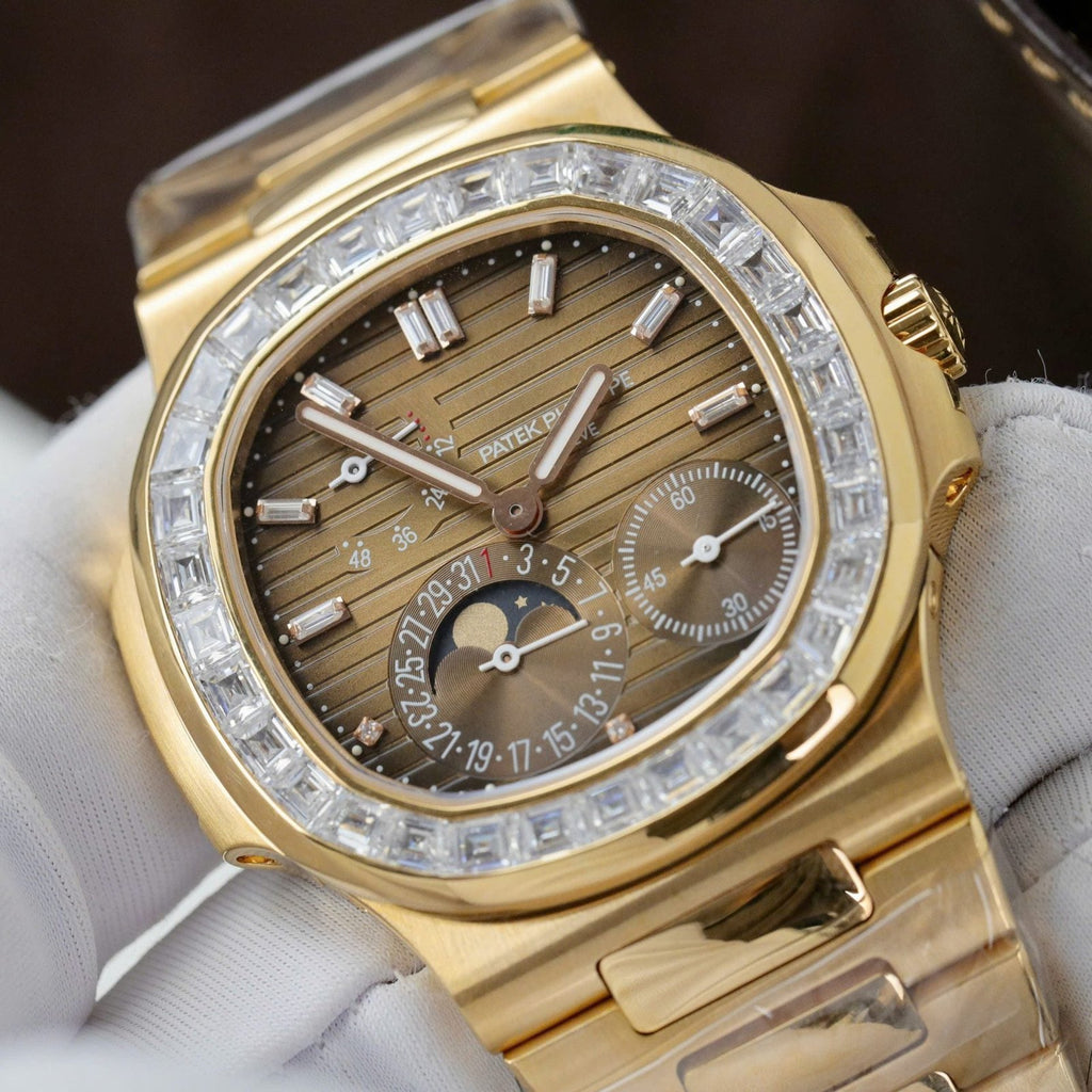 Patek Philippe Nautilus 5724R Brown Dial Watch 18K Gold Wrapped + Diamonds Moissanite Baguette 40mm