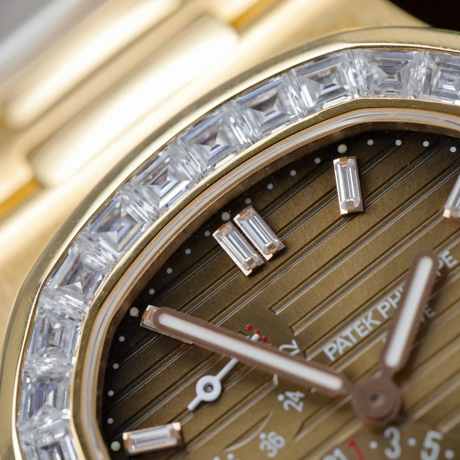 Patek Philippe Nautilus 5724R Brown Dial Watch 18K Gold Wrapped + Diamonds Moissanite Baguette 40mm