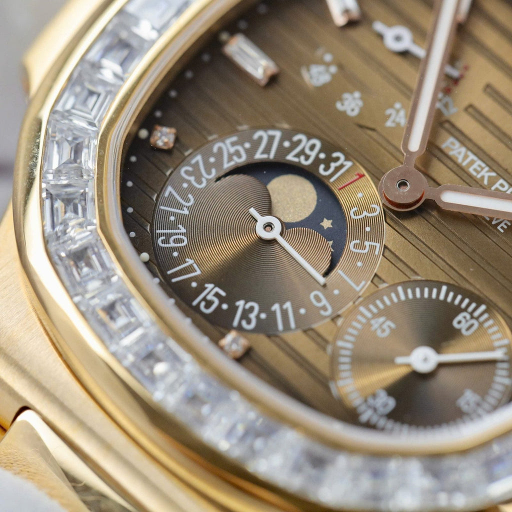 Patek Philippe Nautilus 5724R Brown Dial Watch 18K Gold Wrapped + Diamonds Moissanite Baguette 40mm