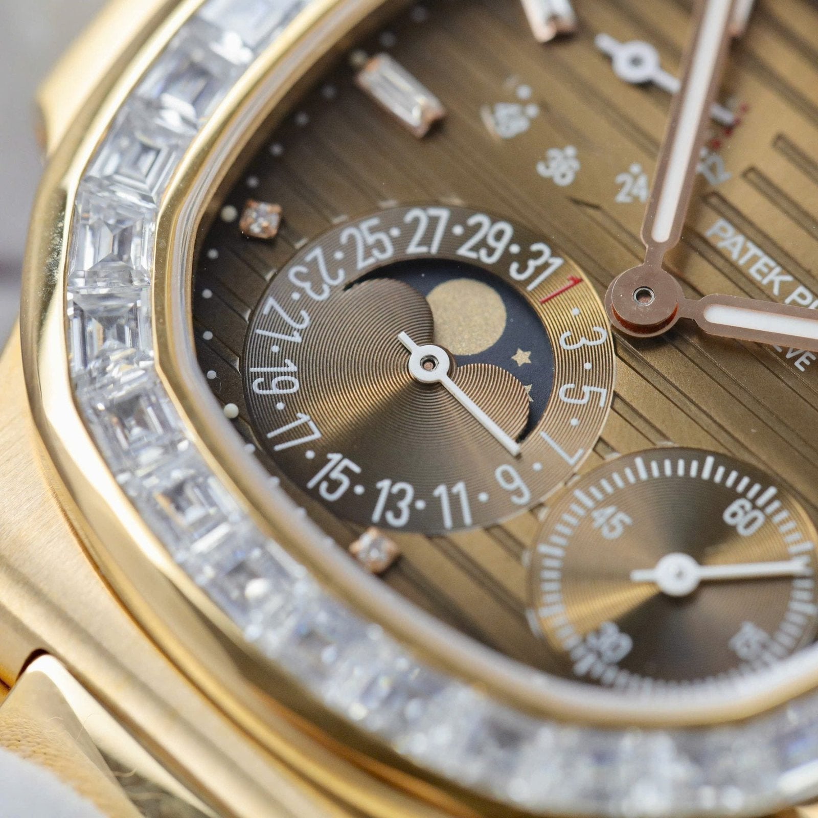 Patek Philippe Nautilus 5724R Brown Dial Watch 18K Gold Wrapped + Diamonds Moissanite Baguette 40mm