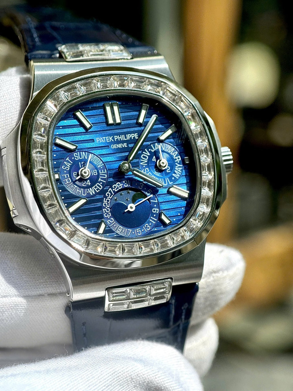 Patek Philippe Nautilus 5740G Watch Blue Dial Leather Strap 40mm