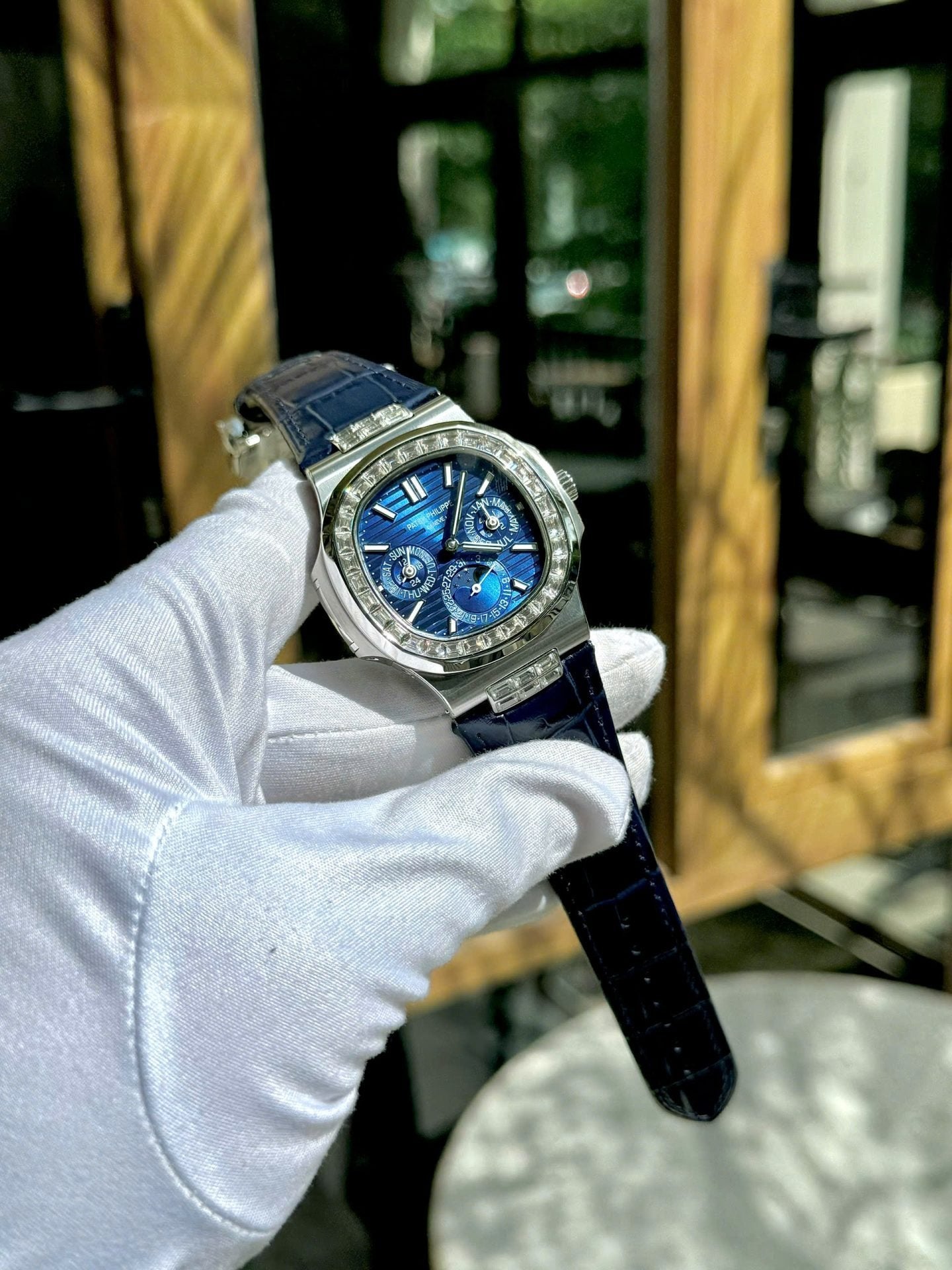 Patek Philippe Nautilus 5740G Watch Blue Dial Leather Strap 40mm