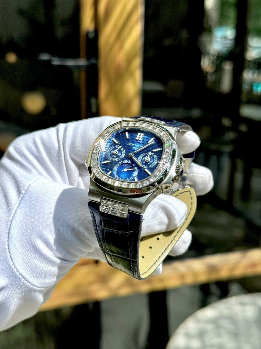 Patek Philippe Nautilus 5740G Watch Blue Dial Leather Strap 40mm