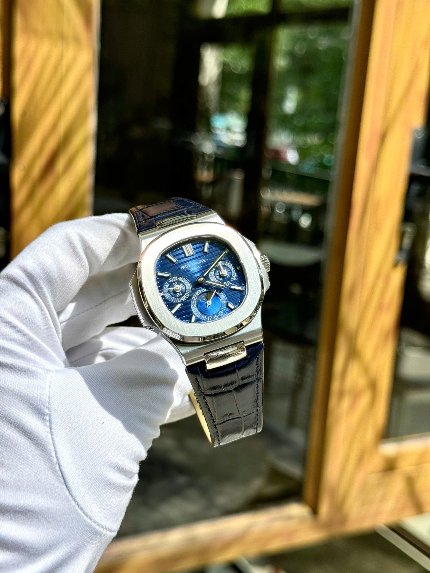 Patek Philippe Nautilus 5740G Watch Blue Dial Leather Strap 40mm