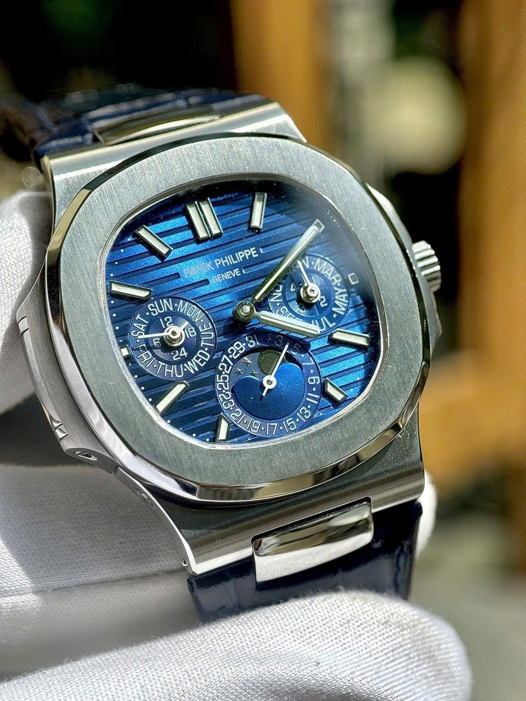 Patek Philippe Nautilus 5740G Watch Blue Dial Leather Strap 40mm