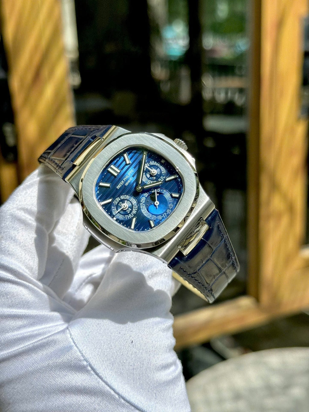 Patek Philippe Nautilus 5740G Watch Blue Dial Leather Strap 40mm