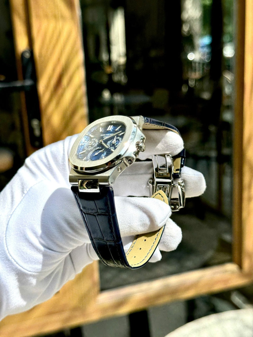 Patek Philippe Nautilus 5740G Watch Blue Dial Leather Strap 40mm