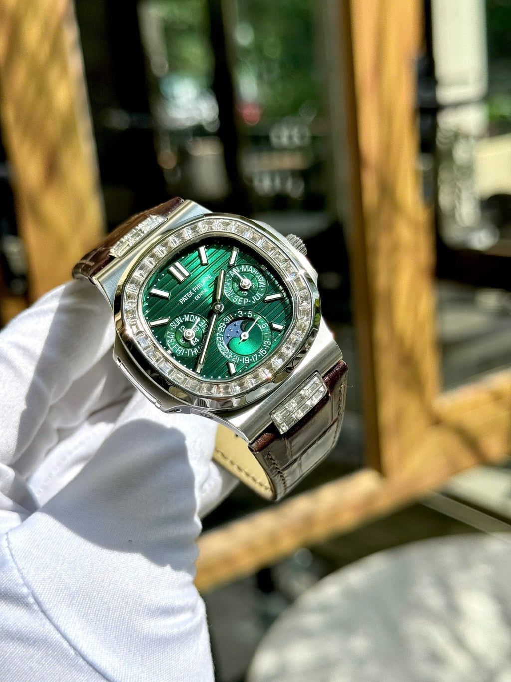 Patek Philippe Nautilus 5740G Watch Green Dial Leather Strap 40mm
