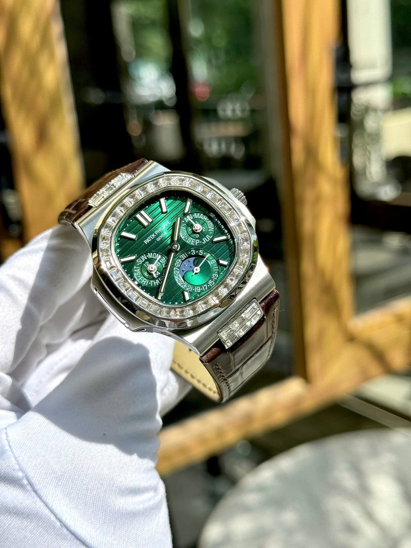 Patek Philippe Nautilus 5740G Watch Green Dial Leather Strap 40mm