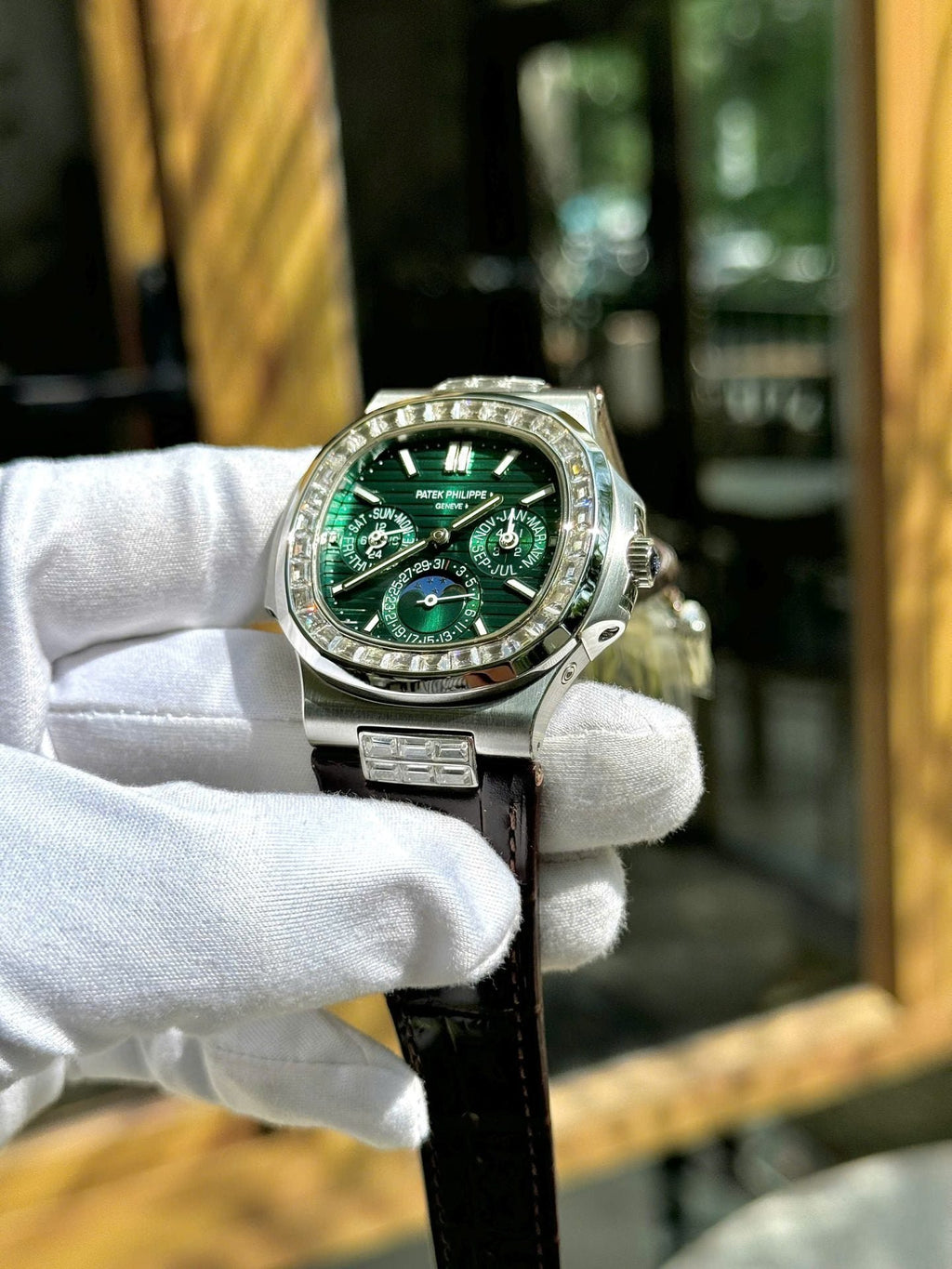 Patek Philippe Nautilus 5740G Watch Green Dial Leather Strap 40mm