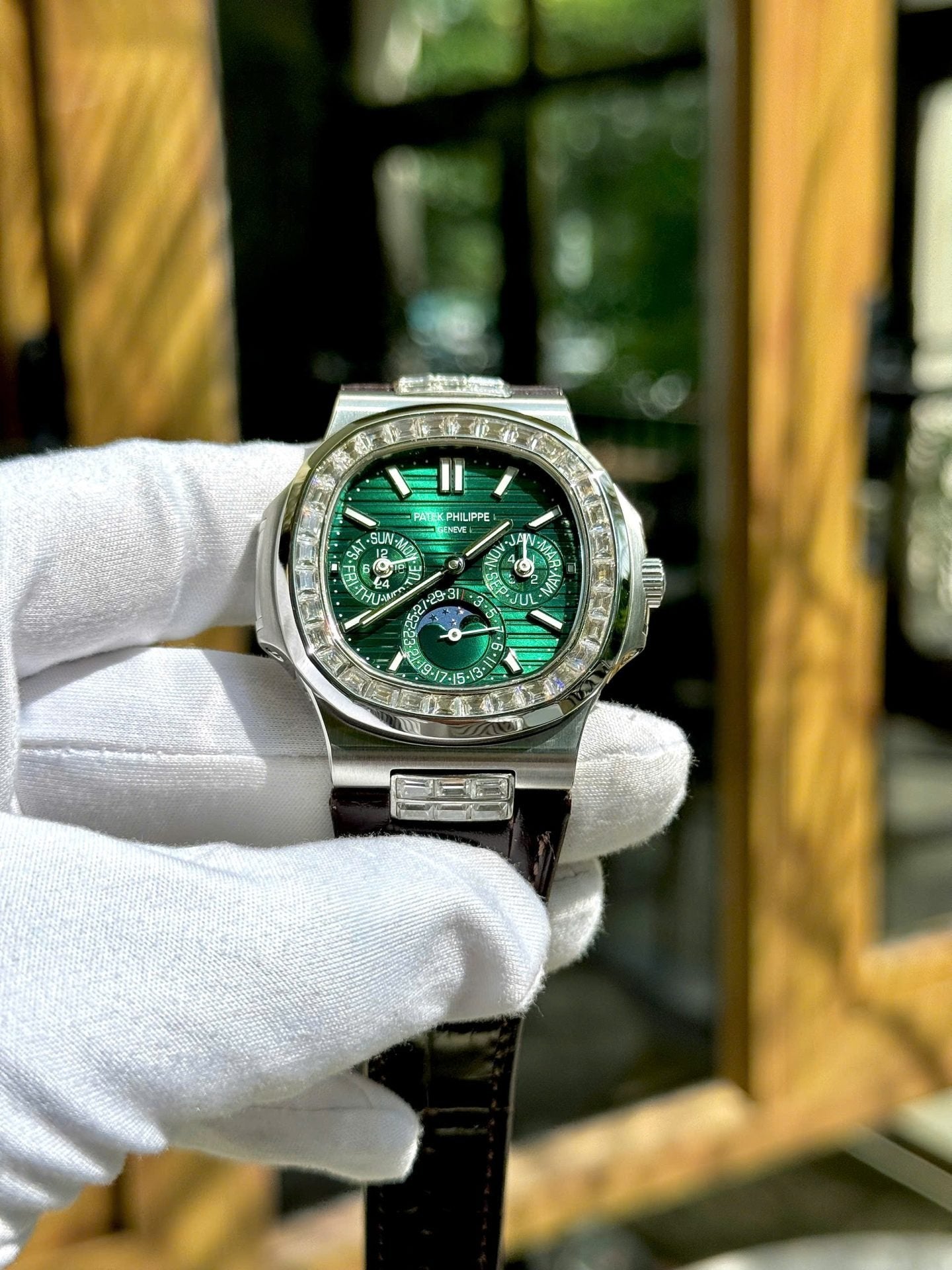 Patek Philippe Nautilus 5740G Watch Green Dial Leather Strap 40mm
