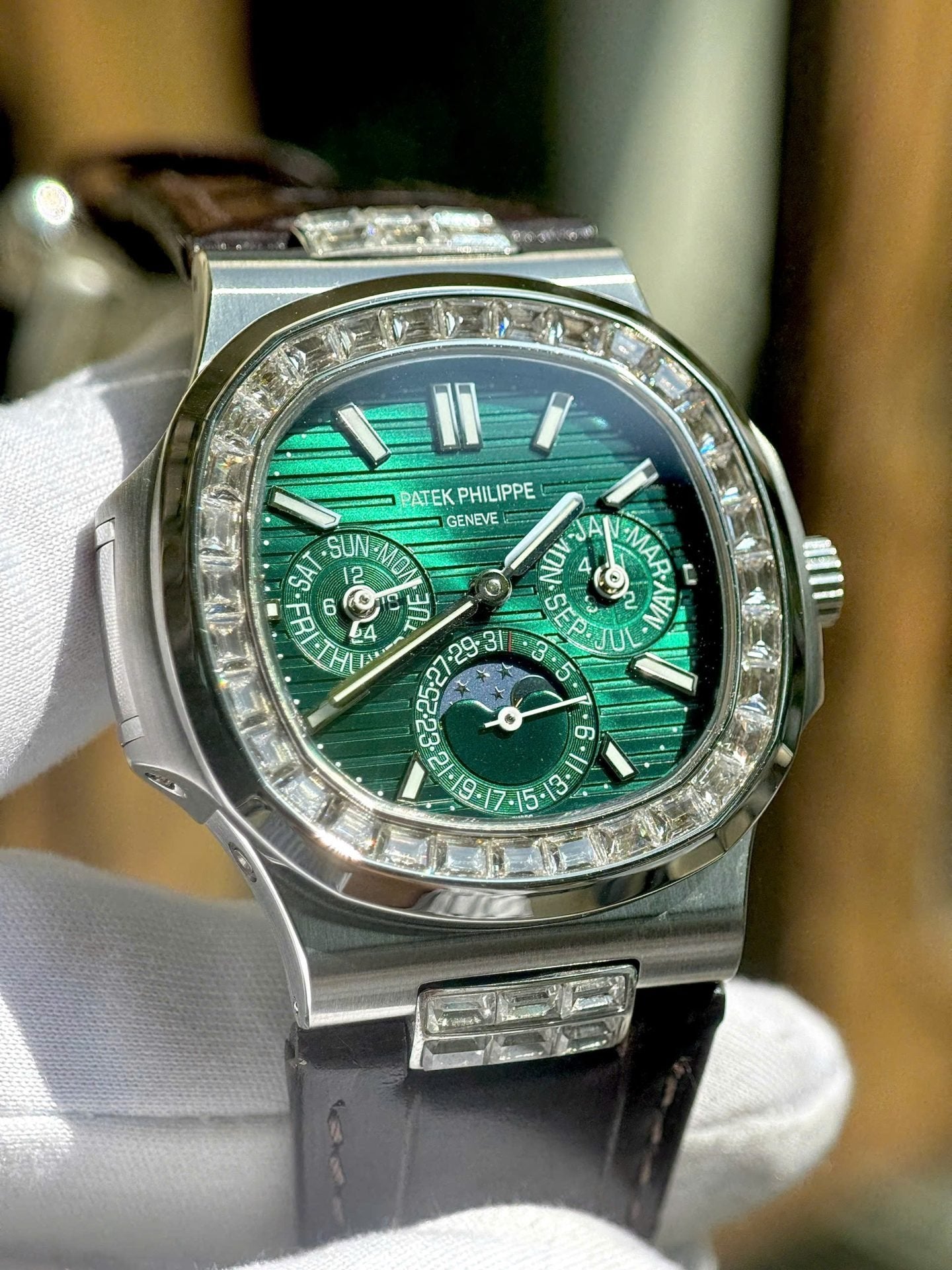 Patek Philippe Nautilus 5740G Watch Green Dial Leather Strap 40mm