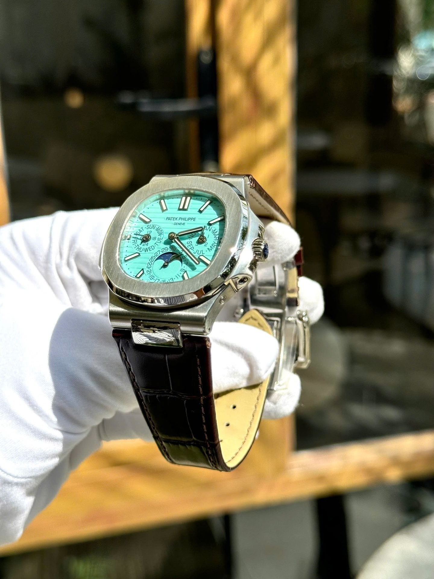 Patek Philippe Nautilus 5740G Watch Tiffany Dial Leather Strap 40mm