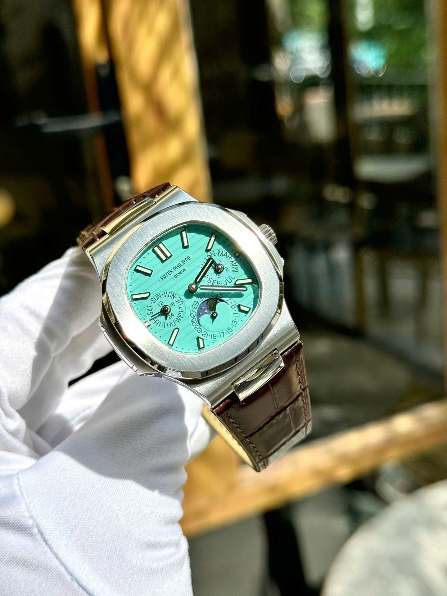 Patek Philippe Nautilus 5740G Watch Tiffany Dial Leather Strap 40mm
