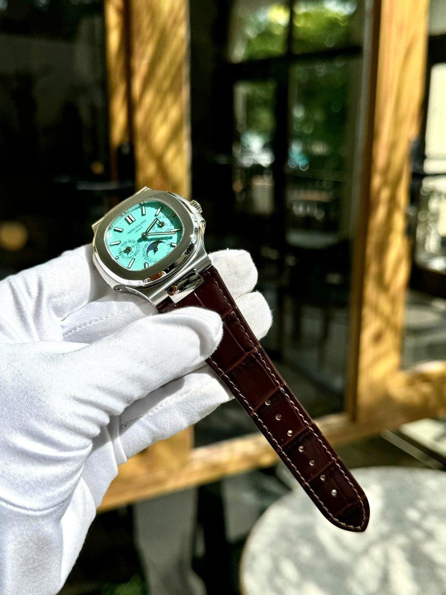 Patek Philippe Nautilus 5740G Watch Tiffany Dial Leather Strap 40mm