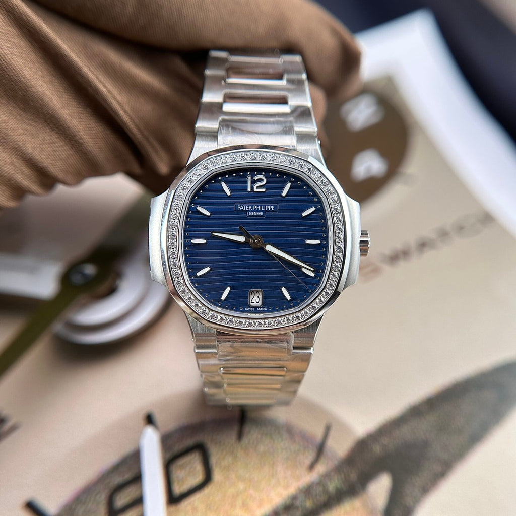 Patek Philippe Nautilus 7118 Watch Blue Dial Stone Bezel 35.2mm