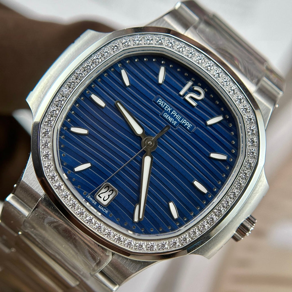 Patek Philippe Nautilus 7118 Watch Blue Dial Stone Bezel 35.2mm