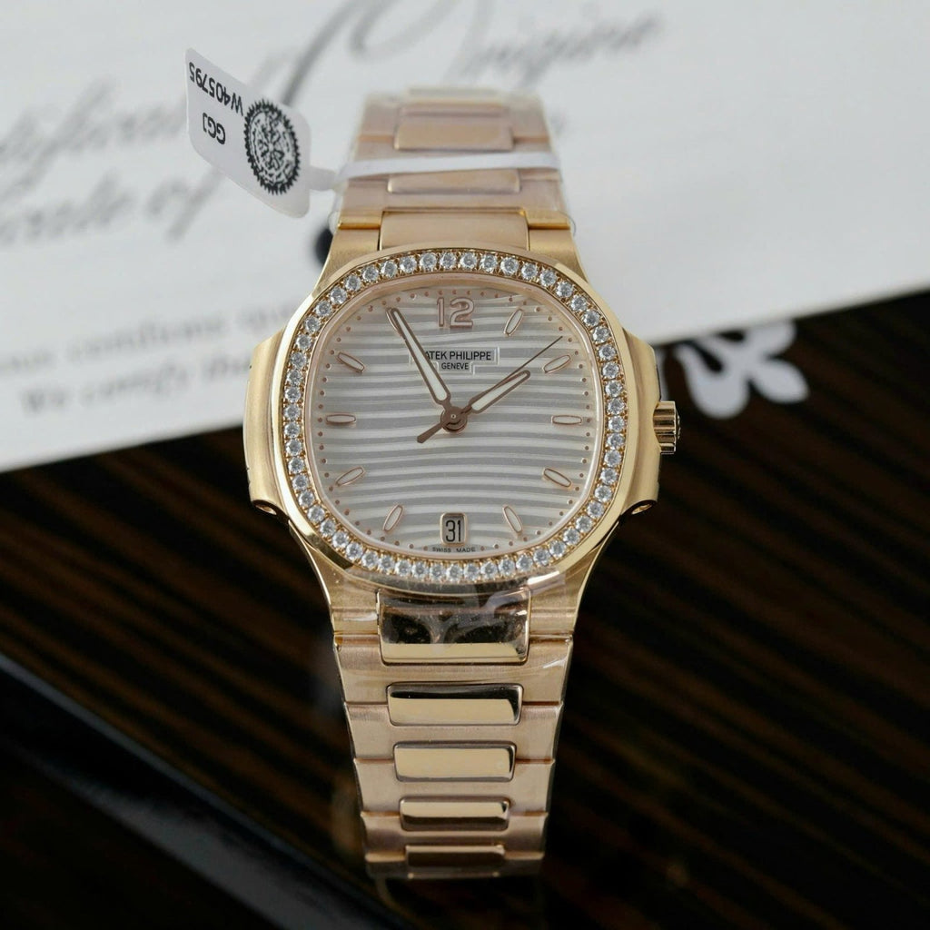 Patek Philippe Women White Dial Watch Nautilus 7118 Gold Wrapped + Moissanite Diamonds 35.2mm