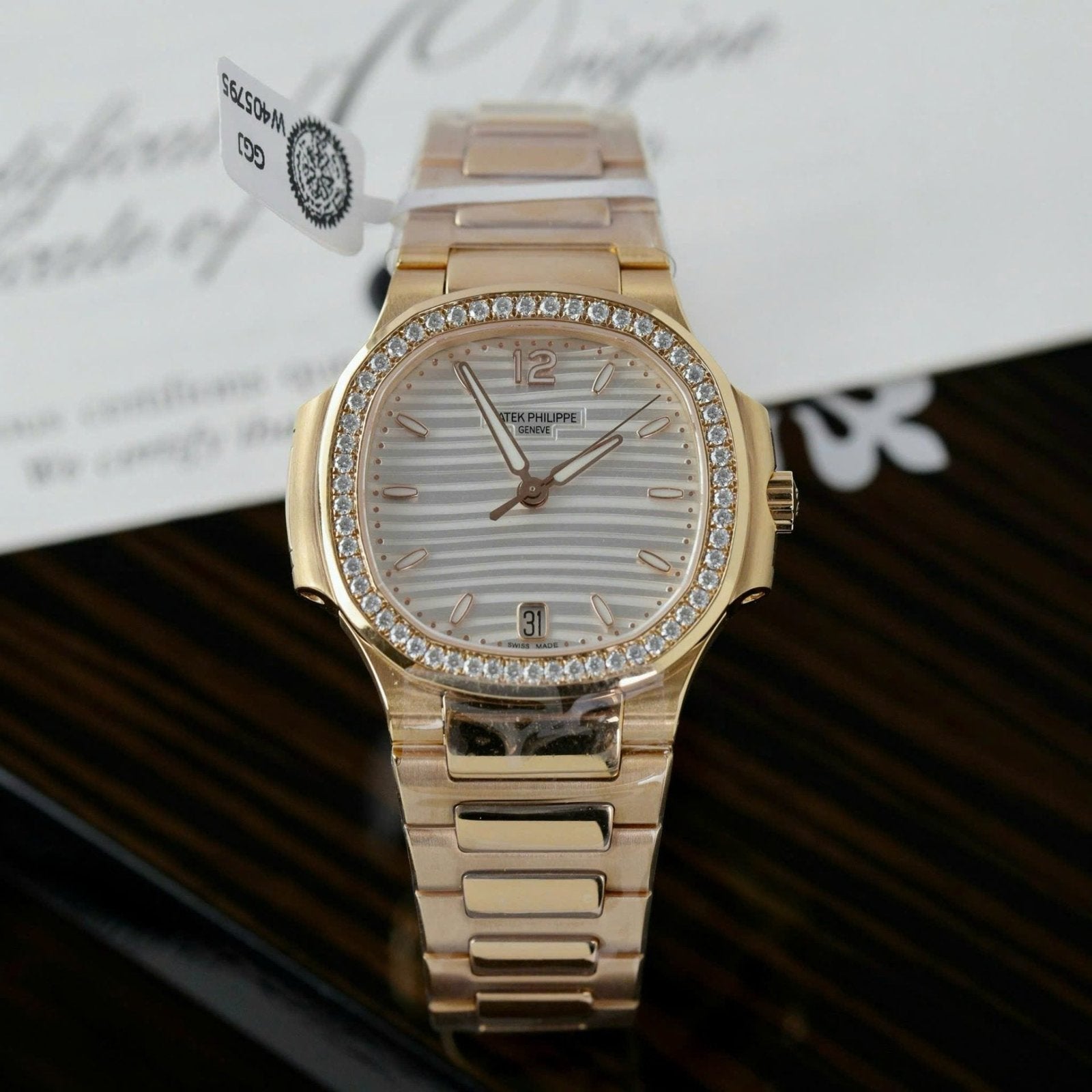 Patek Philippe Women White Dial Watch Nautilus 7118 Gold Wrapped + Moissanite Diamonds 35.2mm
