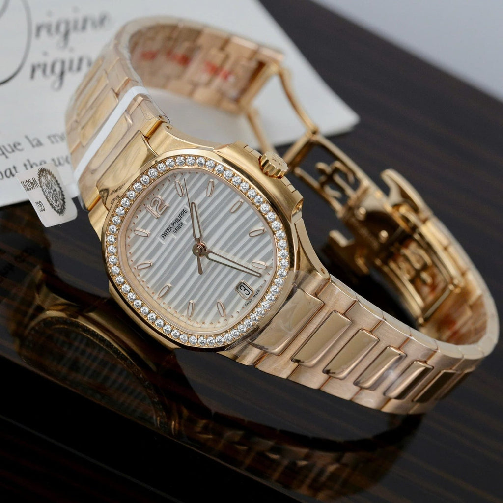 Patek Philippe Women White Dial Watch Nautilus 7118 Gold Wrapped + Moissanite Diamonds 35.2mm