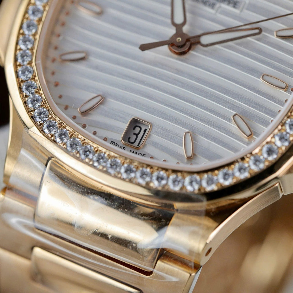 Patek Philippe Women White Dial Watch Nautilus 7118 Gold Wrapped + Moissanite Diamonds 35.2mm