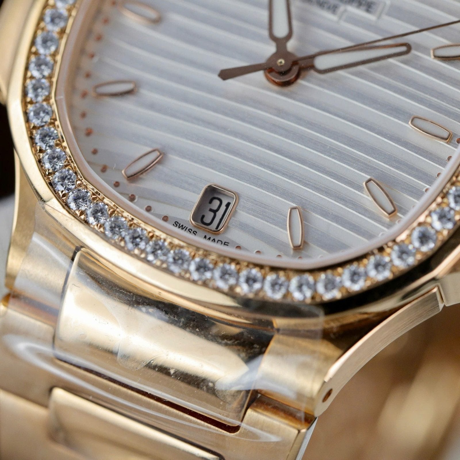 Patek Philippe Women White Dial Watch Nautilus 7118 Gold Wrapped + Moissanite Diamonds 35.2mm