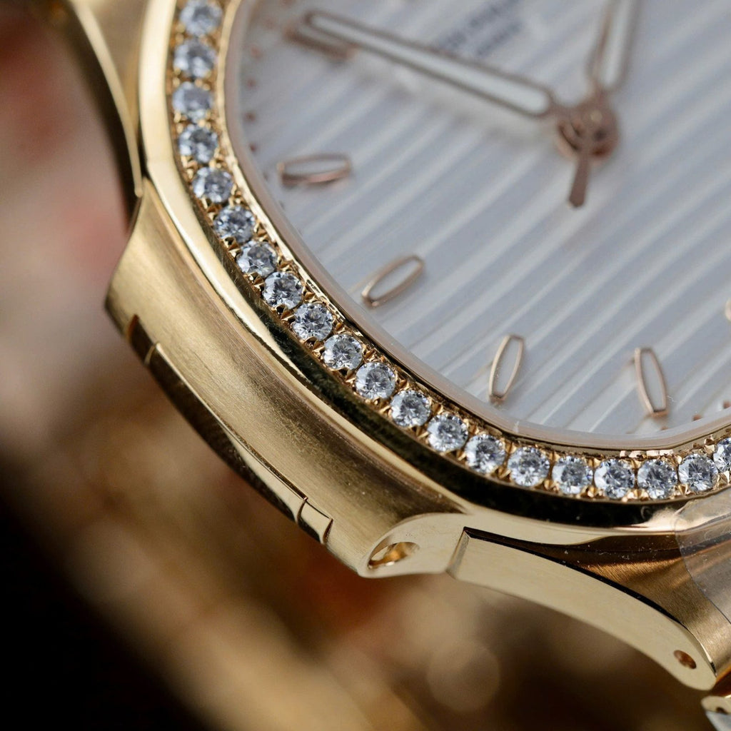 Patek Philippe Women White Dial Watch Nautilus 7118 Gold Wrapped + Moissanite Diamonds 35.2mm
