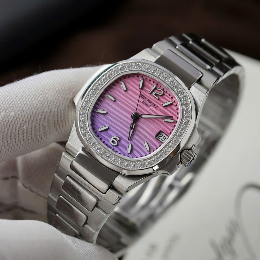 Patek Philippe Watch Nautilus 7010R Women Purple Pink Dial Bezel Diamonds 32mm