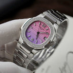 Patek Philippe Watch Nautilus 7010R Women Purple Pink Dial Bezel Diamonds 32mm