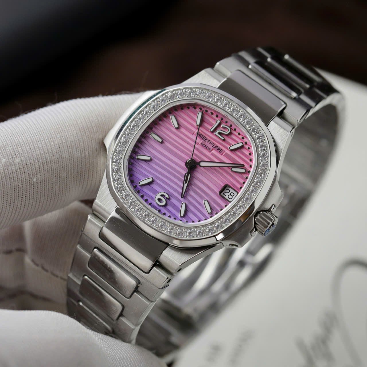 Patek Philippe Watch Nautilus 7010R Women Purple Pink Dial Bezel Diamonds 32mm